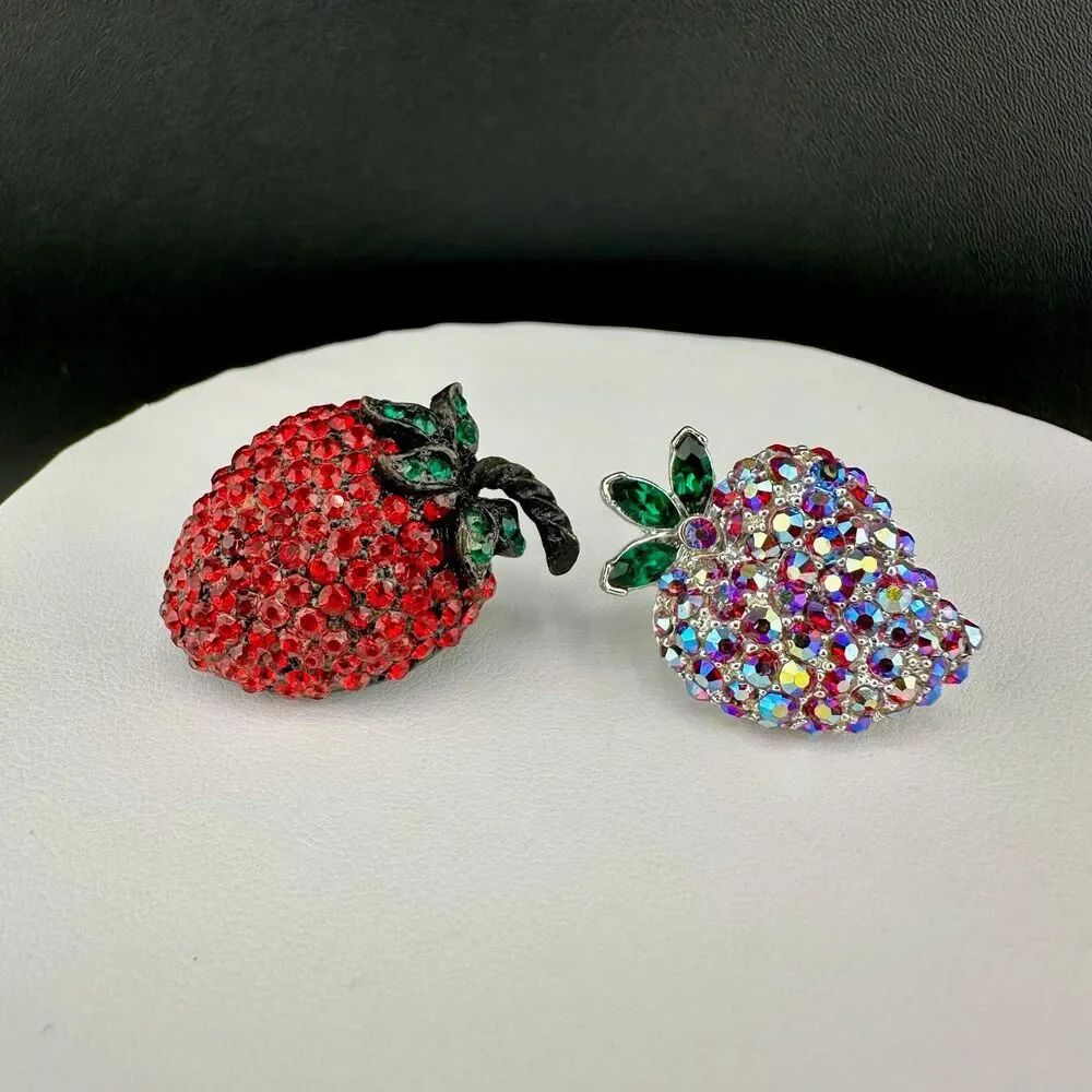 Vintage Rhinestone Strawberry Brooch Pin Lot 1 Signed Weiss 1 AB Figural Fruit